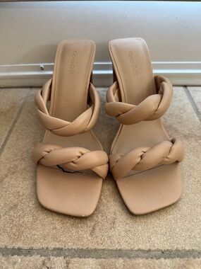 Braided Strap Nude Slide Heels - Open Edit